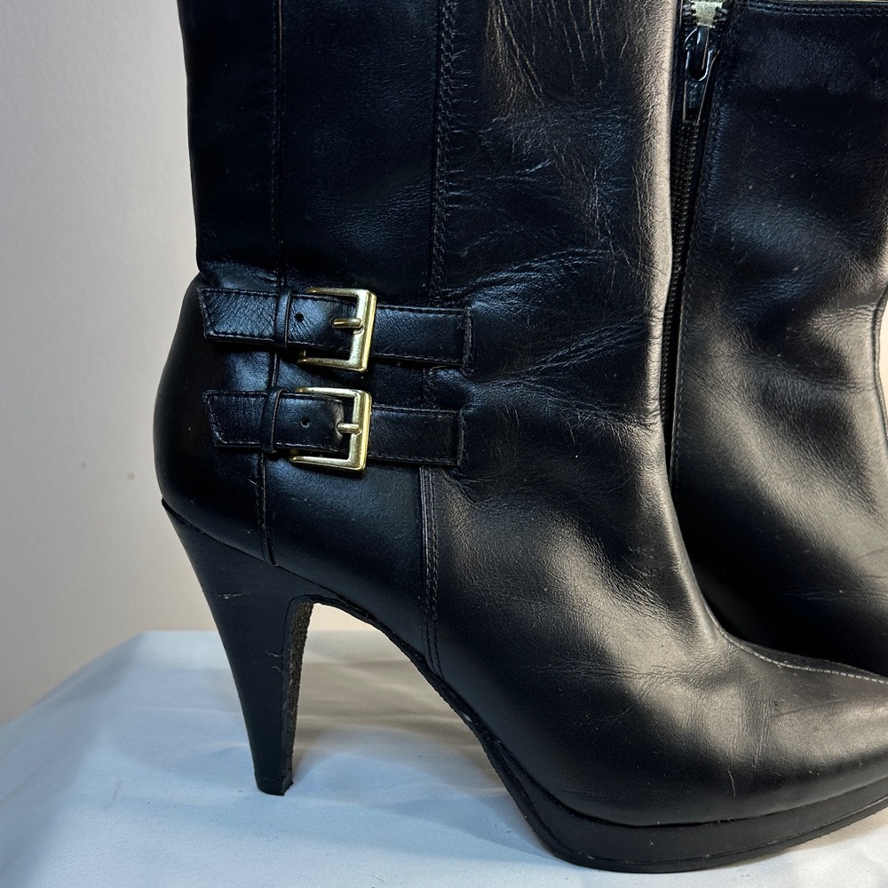 Kelly & Katie Black Heeled Boots with Gold Buckles - Picture 2 of 8